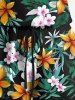 Plus Size Tropical Leaf Flower Branch Print Hawaii Drawstring Pocket Romper -  