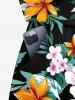 Plus Size Tropical Leaf Flower Branch Print Hawaii Drawstring Pocket Romper -  