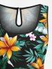 Plus Size Tropical Leaf Flower Branch Print Hawaii Drawstring Pocket Romper -  