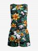 Plus Size Tropical Leaf Flower Branch Print Hawaii Drawstring Pocket Romper -  