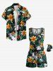 Plus Size Tropical Leaf Flower Branch Print Hawaii Drawstring Pocket Romper -  