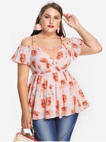 Plus Size Rose Flower Print Surplice Ruffles Split Tulip Hem Cold Shoulder 2 In 1 Tank Top - ORANGE - L | US 12