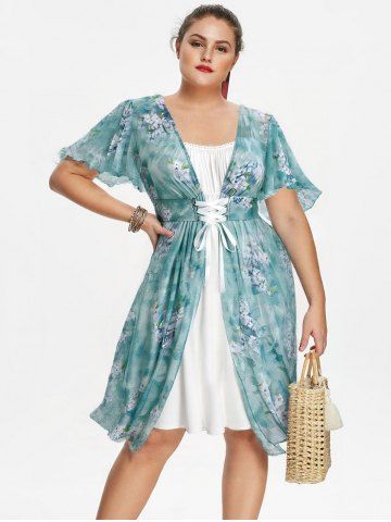 Plus Size Flower Tie Dye Print Lace Up 2 in 1 A Line Dress - LIGHT GREEN - 5X | US 30-32
