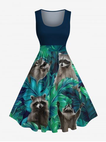 Plus Size Tropical Leaf Little Raccoon Print Hawaii 1950s Vintage Dress - DEEP GREEN - 2X