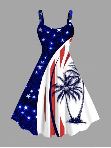 Plus Size Coconut Tree Patriotic American Flag Curve Print Hawaii A Line Tank Dress - BLUE - S