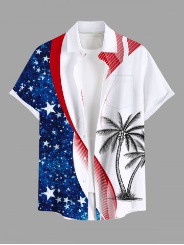 Plus Size Patriotic American Flag Coconut Tree Print Buttons Pocket Hawaii Shirt For Men - BLUE - 2XL