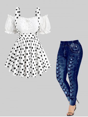 Polka Dot Print Bowknot Hollow Out Cold Shoulder Top and High Waisted Leggings Plus Size Outfit - WHITE