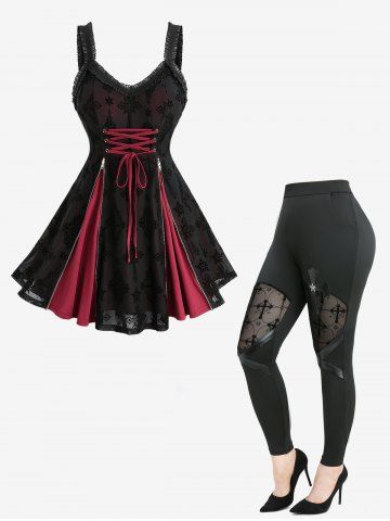 Flocking Mesh Zipper Lace-up Ruffles Tank Top and PU Leather Patchwork Pocket Leggings Plus Size Outfit - RED