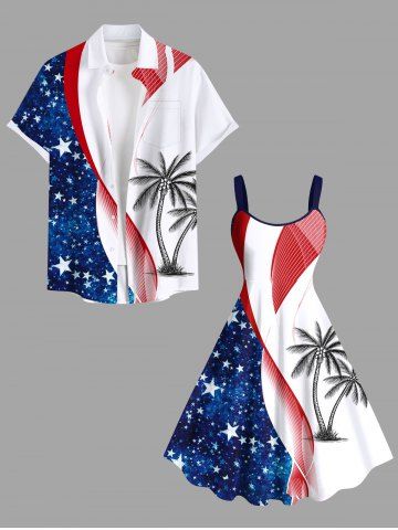 Patriotic American Flag Coconut Tree Print Plus Size Matching Hawaii Beach Outfit For Couples - WHITE