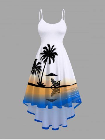 Plus Size Coconut Tree Seascape Ombre Colorblock Print High Low Hawaii Cami Dress - WHITE - 6X