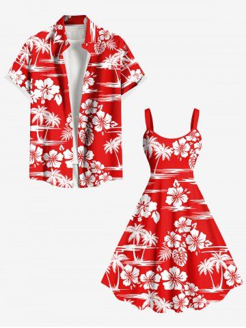 Tenue de plage hawaïenne assortie grande taille, motif feuilles tropicales, fleurs d'hibiscus et cocotiers, pour couples