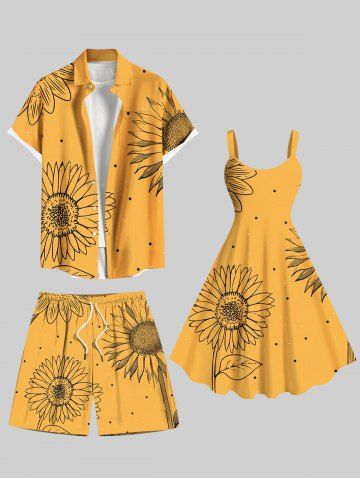 Sunflowers Dots Print Plus Size Matching Hawaii Beach Outfit For Couples - YELLOW