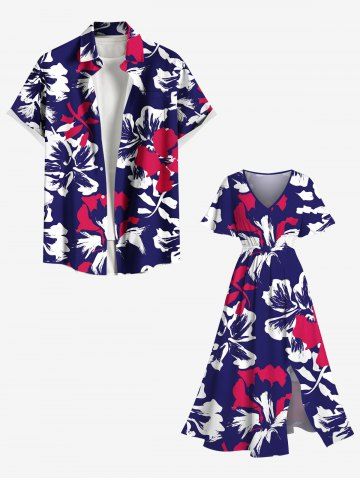 Tropical Leaf Hibiscus Flowers Print Plus Size Matching Hawaii Beach Outfit For Couples - PURPLE