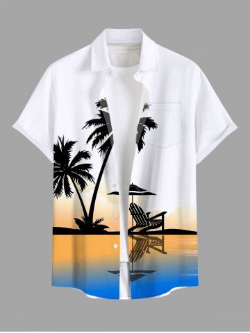 Plus Size Coconut Tree Seascape Ombre Colorblock Print Buttons Pocket Hawaii Shirt For Men - WHITE - 6XL