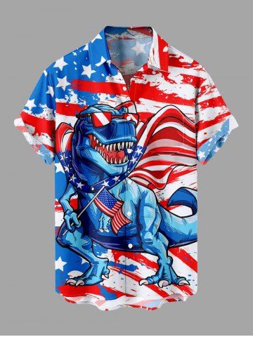 Plus Size Patriotic American Flag Dinosaur Print Buttons Pocket Shirt For Men