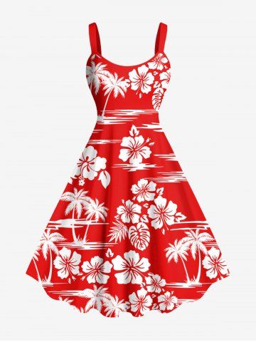 Plus Size Tropical Leaf Hibiscus Flowers Coconut Tree Print Hawaii Tank Dress - RED - XXS