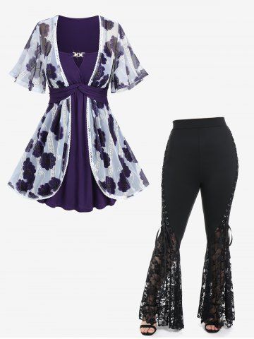 Tie Dye Floral Print Mesh Jacquard Embroidered Belted 2 in 1 Top and Lace Flare Pants with Lace-up Plus Size Outfit - PURPLE