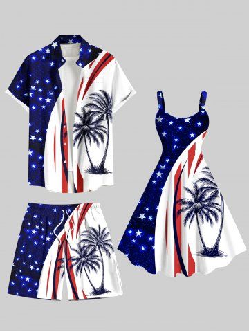 Coconut Tree Patriotic American Flag Curve Print Plus Size Matching Hawaii Beach Outfit For Couples - BLUE