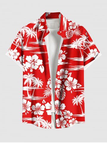 Plus Size Tropical Leaf Hibiscus Flowers Coconut Tree Print Buttons Pocket Hawaii Shirt For Men - RED - 3XL
