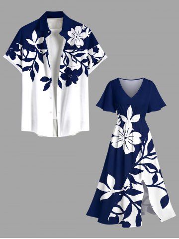 Tenue de plage hawaïenne assortie grande taille, imprimé bicolore contrasté, motif floral et branches, pour couples - DEEP BLUE