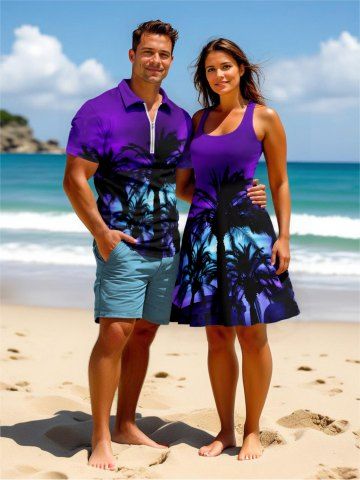 Coconut Tree Ombre Print Plus Size Matching Hawaii Beach Outfit For Couples - PURPLE