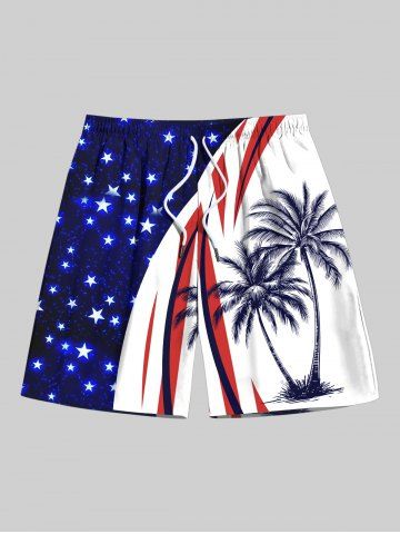 Plus Size Coconut Tree Curve Patriotic American Flag Print Hawaii Drawstring Beach Shorts For Men - BLUE - 8XL