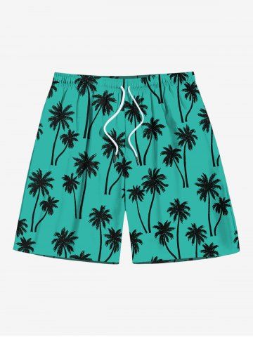 Plus Size Coconut Tree Print Hawaii Beach Shorts For Men - GREEN - 8XL