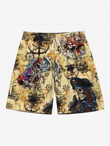 Short de plage hawaïen grande taille à imprimé tête de mort, bateau pirate, gouvernail, carte, pour homme