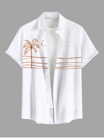Plus Size Coconut Tree Sun Sea Waves Stick Figure Print Buttons Pocket Hawaii Shirt For Men - WHITE - 6XL