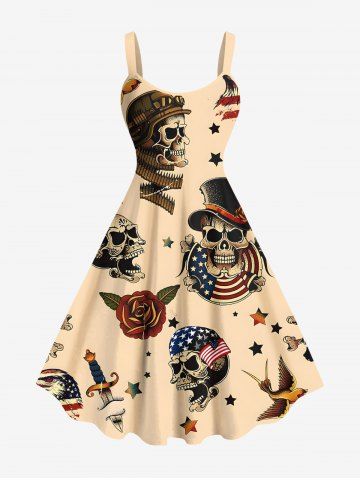 Plus Size Skull Pirate Patriotic American Flag Rose Flower Print Hawaii Cruise A Line Tank Dress - LIGHT COFFEE - L