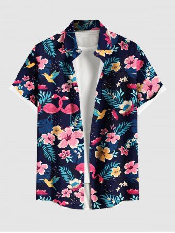Plus Size Tropical Leaf Flowers Flamingo Print Buttons Pocket Hawaii Shirt For Men - BLACK - XL