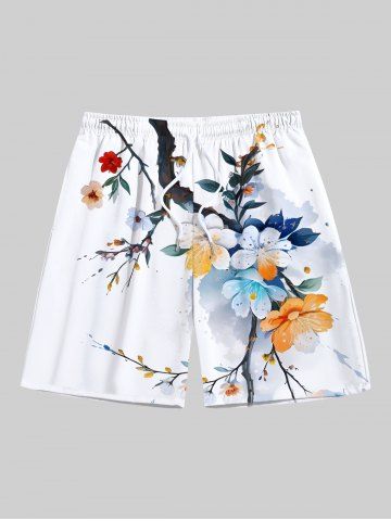 Plus Size Ombre Watercolor Floral Leaf Branch Print Hawaii Drawstring Beach Shorts For Men - WHITE - 8XL