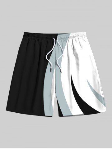 Plus Size Colorblock Curve Print Hawaii Drawstring Beach Shorts For Men - BLACK - 7XL