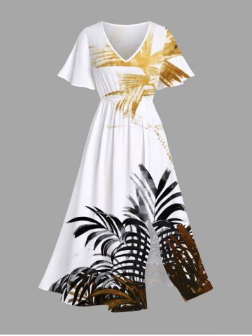 Plus Size Tropical Leaves Print Hawaii Split Pocket A Line Midi Dress - WHITE - XXS