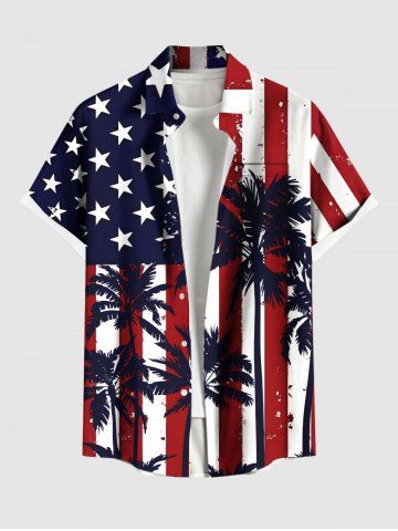 Plus Size Patriotic American Flag Coconut Tree Print Hawaii Button Pocket Shirt For Men - RED - 6XL