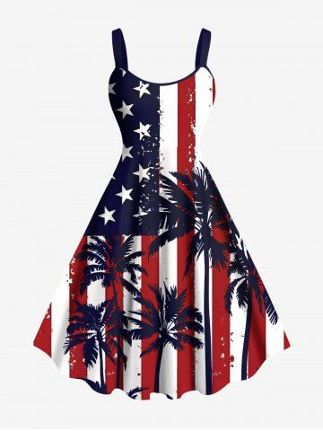 Plus Size Patriotic American Flag Coconut Tree Print Hawaii A Line Tank Dress - RED - XXS