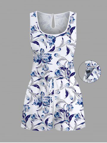 Plus Size Flowers Leaf Print Cinched Hawaii Romper - WHITE - XS