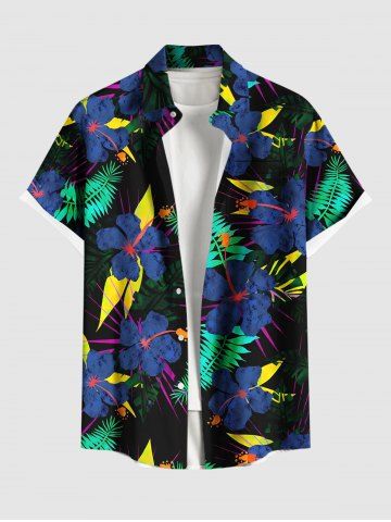 Chemise à poches boutons grande taille pour homme, imprimée de fleurs d'hibiscus et de feuilles tropicales, style hawaïen. - BLACK - 6XL