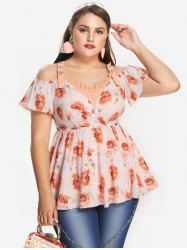 Plus Size Rose Flower Print Surplice Ruffles Split Tulip Hem Cold Shoulder 2 In 1 Tank Top -  