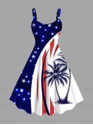 Plus Size Coconut Tree Patriotic American Flag Curve Print Hawaii A Line Tank Dress -  