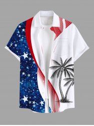 Plus Size Patriotic American Flag Coconut Tree Print Buttons Pocket Hawaii Shirt For Men -  