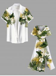 Tropical Leaf Hibiscus Flowers Print Plus Size Matching Hawaii Beach Outfit For Couples -  