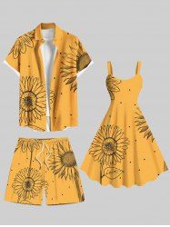 Sunflowers Dots Print Plus Size Matching Hawaii Beach Outfit For Couples -  