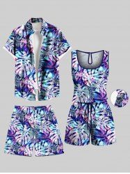 Matching Hawaii Shirt and Romper Plus Size Beach Outfit Tropical Leaf Hibiscus Printed for Couples -  