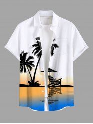 Chemise hawaïenne grande taille à imprimé cocotiers et paysage marin ombré colorblock, boutons et poches pour homme - Blanc M