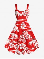 Robe débardeur hawaïenne grande taille à imprimé feuilles tropicales, fleurs d'hibiscus et cocotiers - Rouge 4X