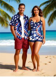 Spiral Tie Dye Patriotic American Flag Print Shirt Swimsuit Plus Size Matching Hawaii Beach Outfit For Couples -  