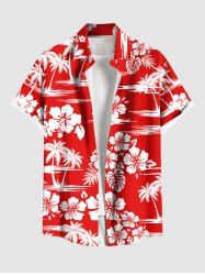Chemise hawaïenne grande taille à imprimé feuilles tropicales, hibiscus, fleurs, cocotiers, boutons et poches pour homme - Rouge 4XL