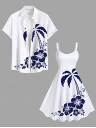 Coconut Tree Hibiscus Flower Two Tone Print Plus Size Matching Hawaii Beach Outfit For Couples -  