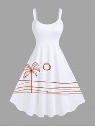 Robe débardeur hawaïenne grande taille à imprimé cocotier, soleil, vagues et silhouettes en bâton - Blanc XXS